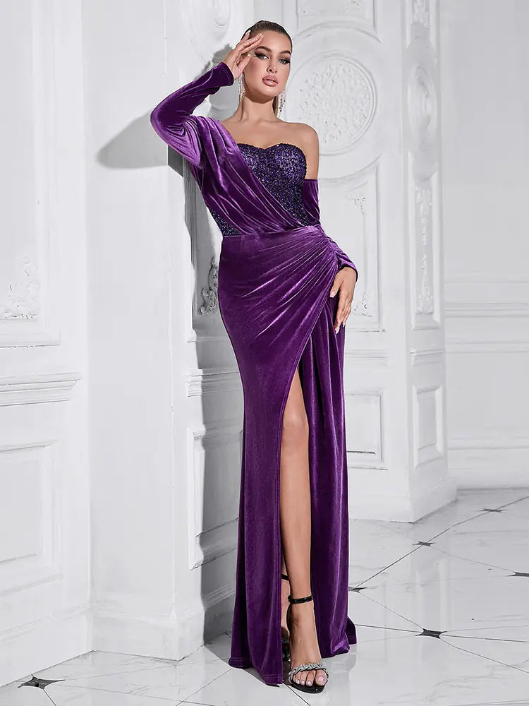 Purple Sequin High-Slit Long Dress