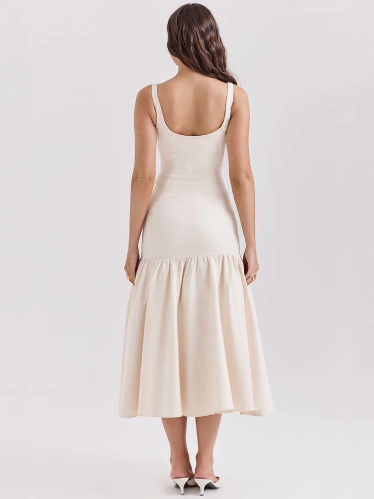 Vintage Low-Waist Midi Dress - Cream Beige