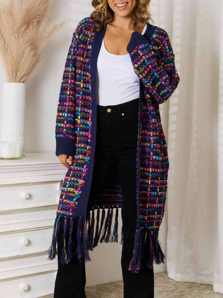 Cardigan long à ourlet à franges multicolores style bohème