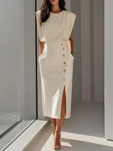 Load image into Gallery viewer, Off White Button Slit Crew Neck Sheath Midi Dress
