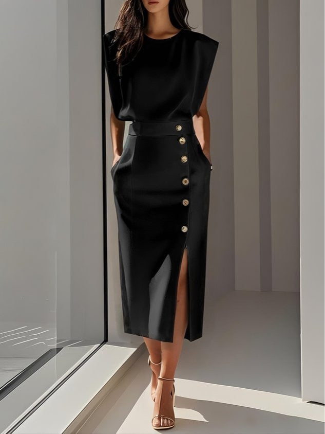 Off White Button Slit Crew Neck Sheath Midi Dress