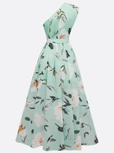 Load image into Gallery viewer, Light Green Floral Ruched One Shoulder A-Line Maxi Chiffon Dress