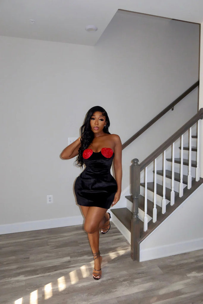 aikergood Cupid's Arrow Red Crystal Heart Mini Dress