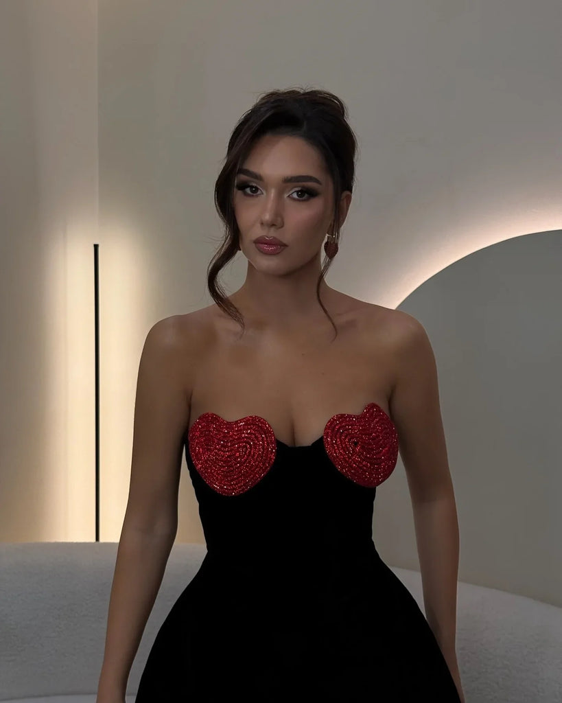 aikergood Cupid's Arrow Red Crystal Heart Mini Dress