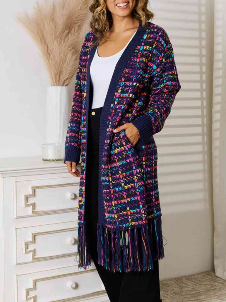 Cardigan long à ourlet à franges multicolores style bohème