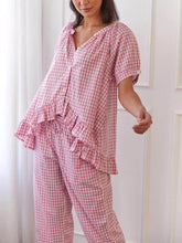 Carica l&#39;immagine nel visualizzatore di Gallery, Casual Ruffled Plaid Print Shirt Pajama Set