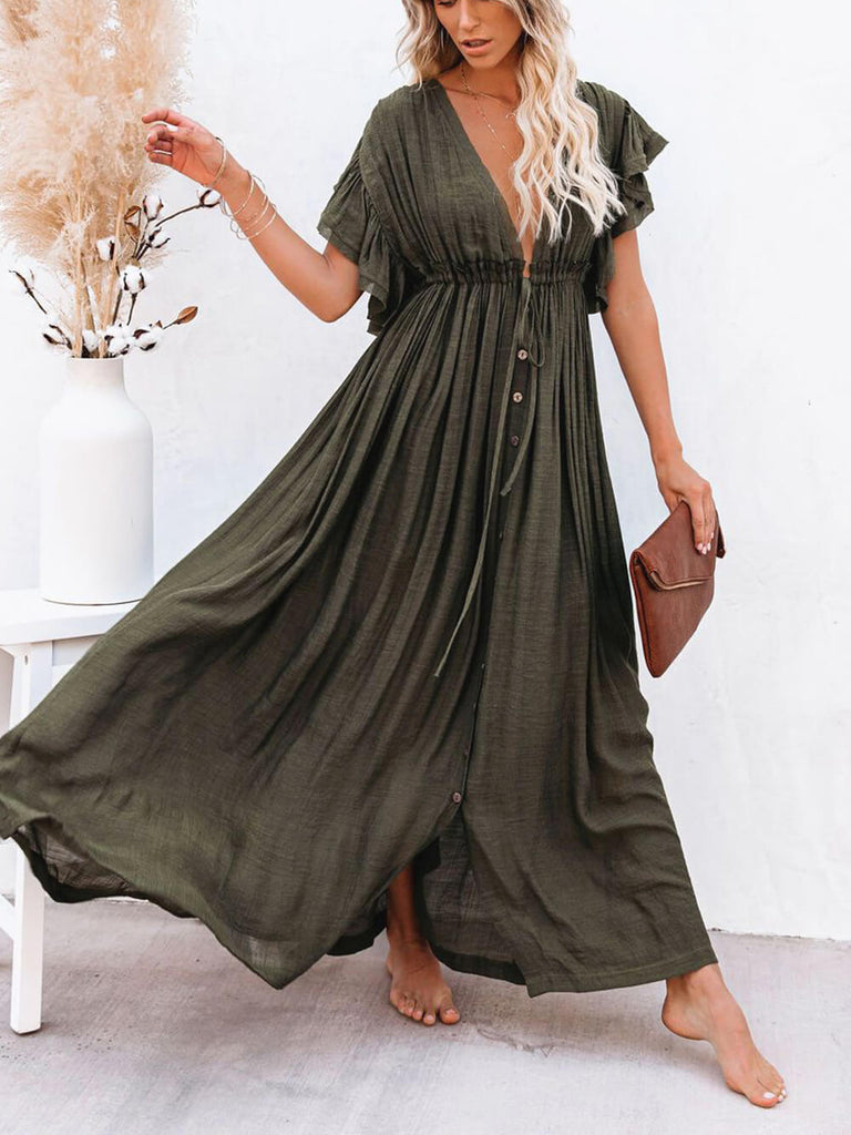 Button Cotton Linen Perfect Beach Boho Maxi Dress