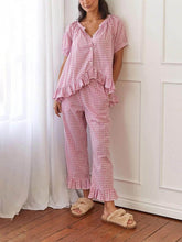 Carica l&#39;immagine nel visualizzatore di Gallery, Casual Ruffled Plaid Print Shirt Pajama Set