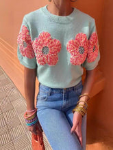 Load image into Gallery viewer, Sweet Contrast Color Flower Round Neck Short Sleeve Sweater