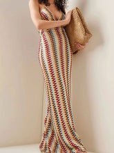 Load image into Gallery viewer, Halter V Neck Backless Boho Pattern Knit Slim-Fit Vacation Maxi Dresses-Beige