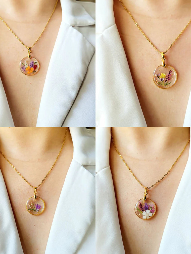 Handmade Birth Flower Bouquet Pressed Resin Pendant Necklaces