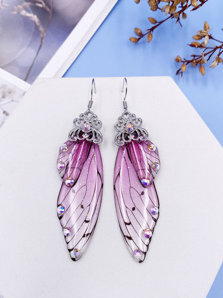 Boucles d'oreilles en cristal d'aile de cigale avec strass roses et ailes de papillon