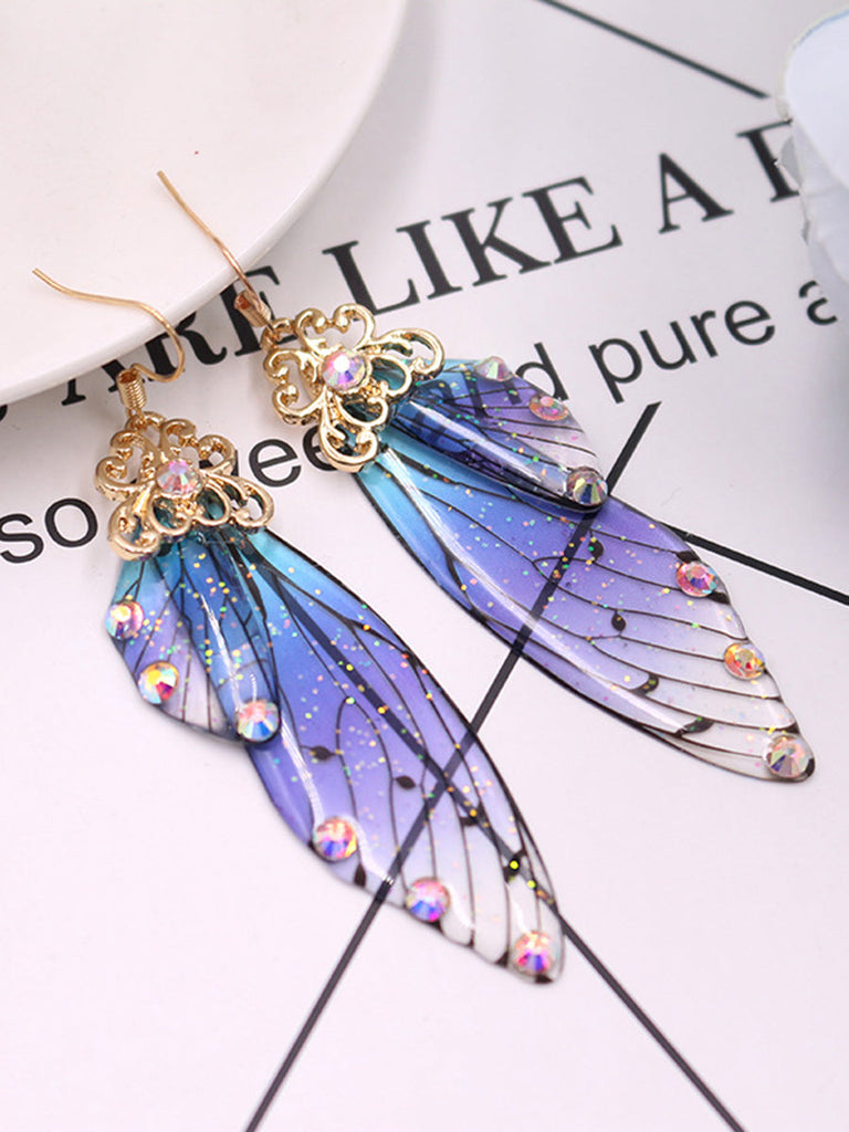 Boucles d'oreilles en cristal d'aile de cigale avec strass bleu et ailes de papillon