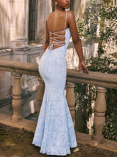 Laden Sie das Bild in den Galerie-Viewer, Elegant Blue Jacquard Sexy Suspender Fishtail Maxi Dress