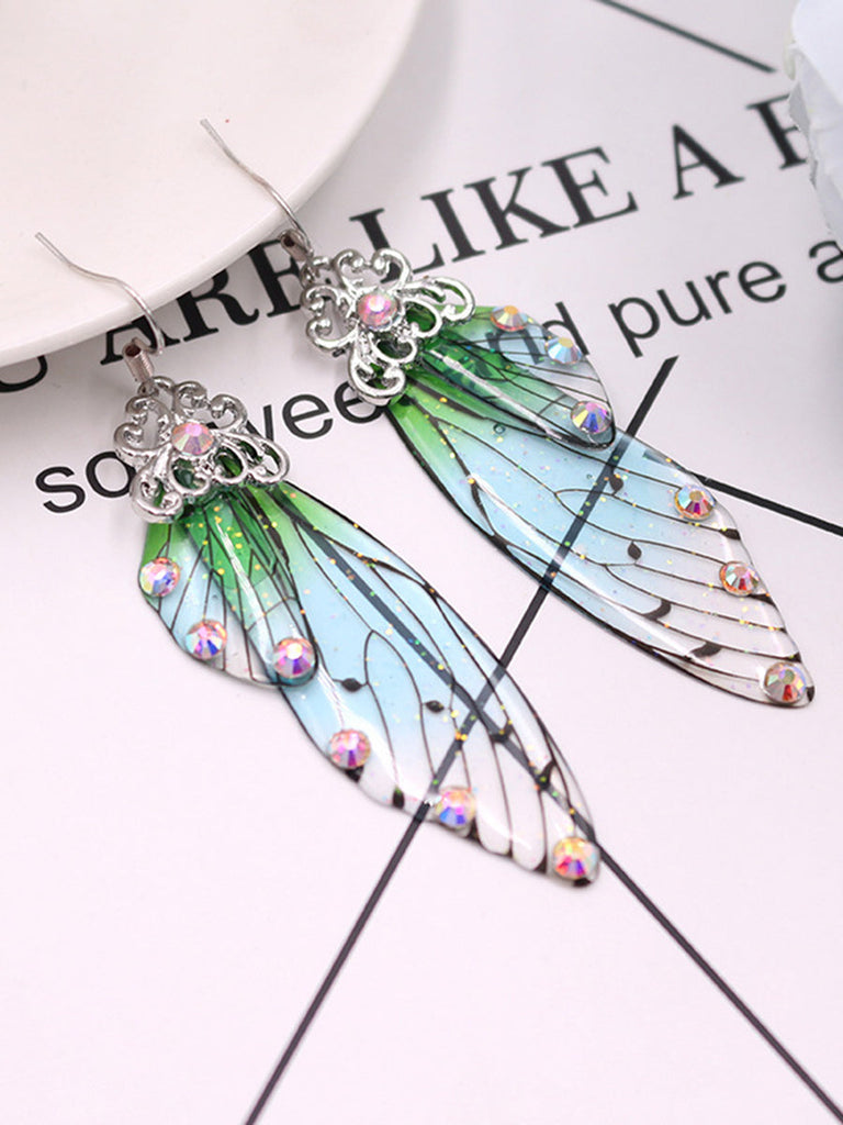 Boucles d'oreilles ailes de cigale en cristal strass vert aile de papillon 