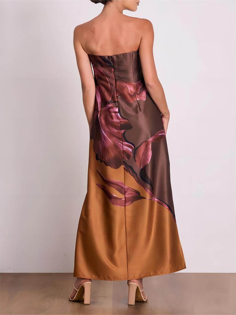 Robe longue élégante à imprimé floral contrasté et épaules dénudées