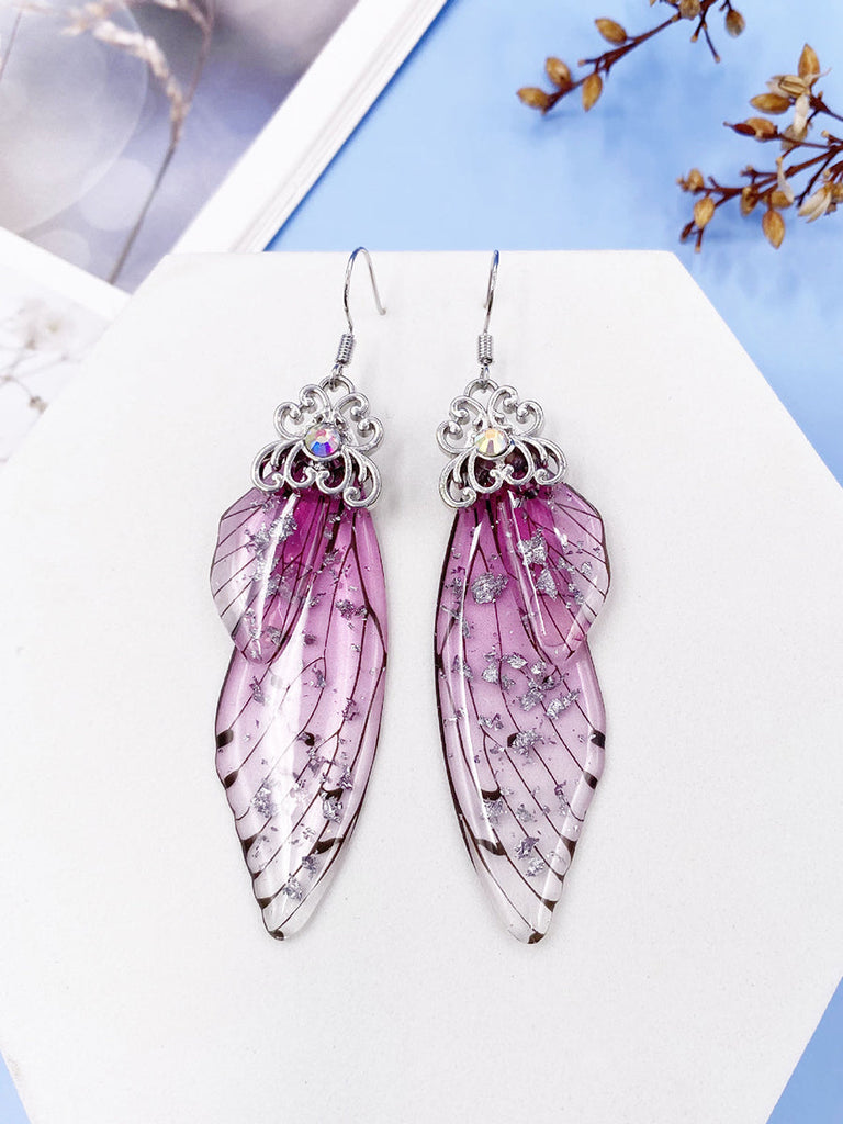 Boucles d'oreilles en cristal d'aile de cigale avec strass roses et ailes de papillon