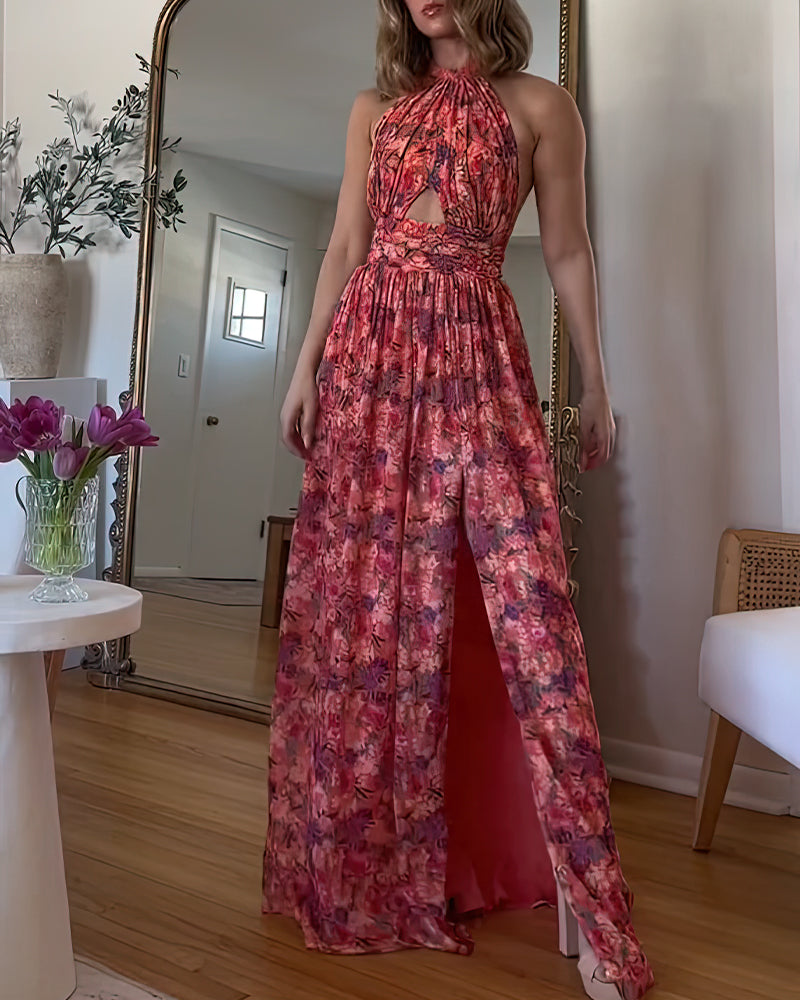 Robe longue sexy sans manches à imprimé floral