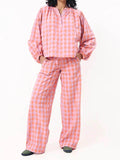 Casual Red Plaid Print Top Elastic Waist Pants Pajama Set