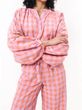 Load image into Gallery viewer, Casual Red Plaid Print Top Elastic Waist Pants Pajama Set