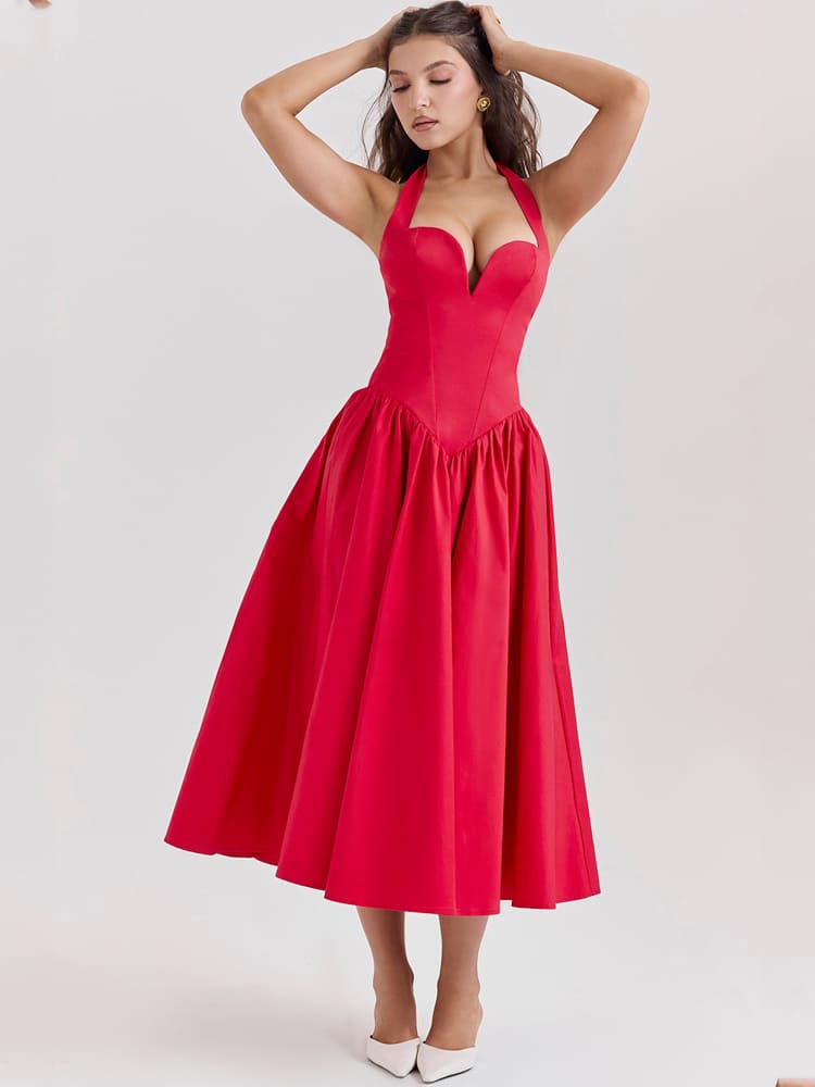 Halter Neck Midi Dress with Side Slit - Scarlet Red