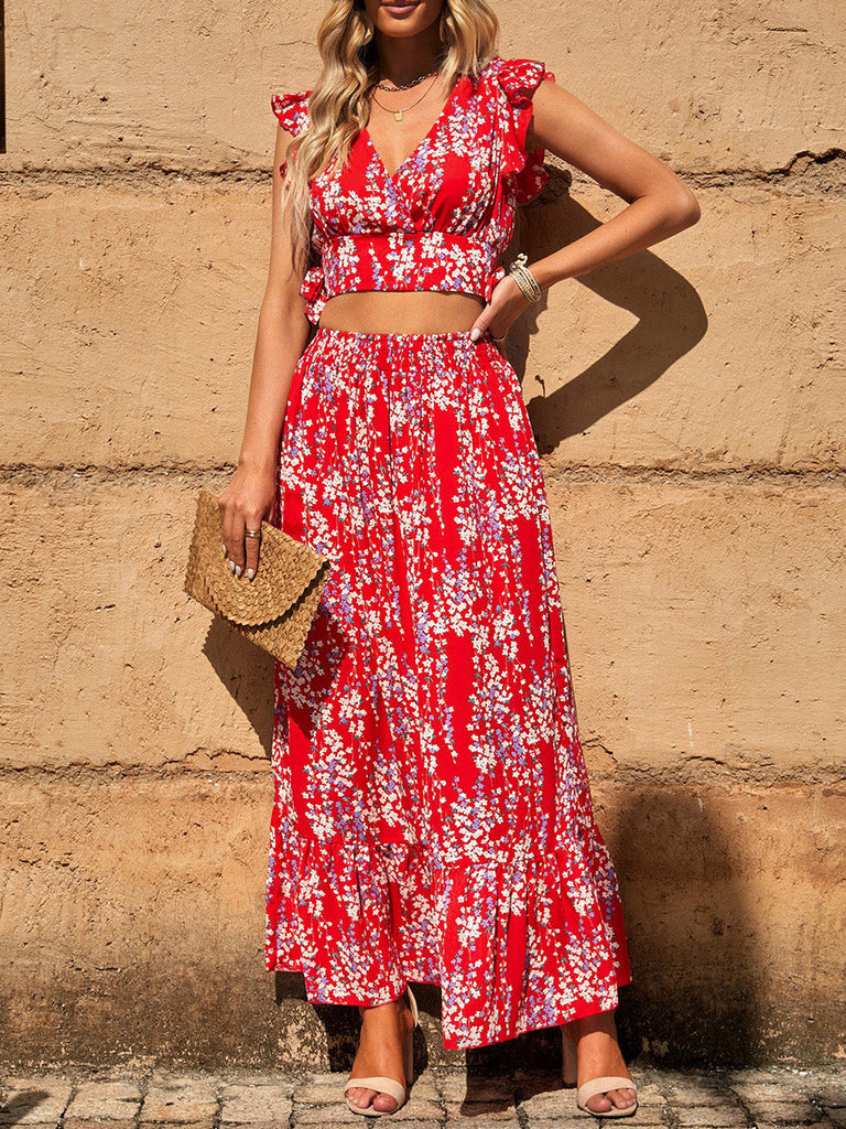 Printed Tie Back Cropped Top and Maxi Skirt Set