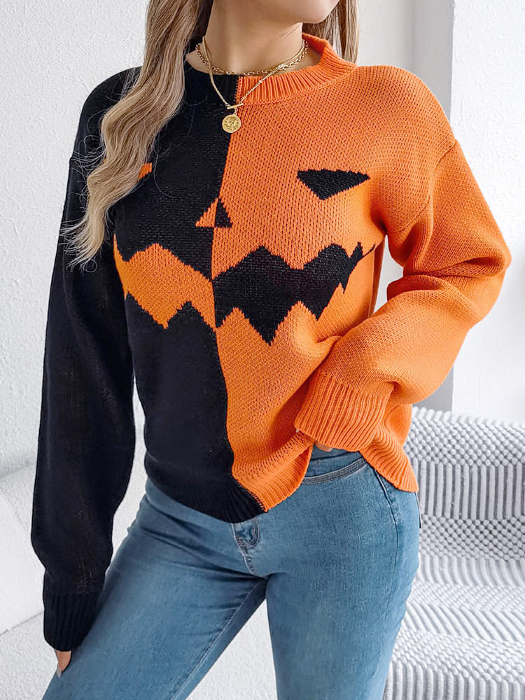 Ghost Pattern Long Sleeve Crew Neck Sweater