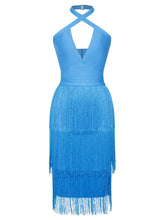 Load image into Gallery viewer, Halter Blue Fringe Bandage Dress