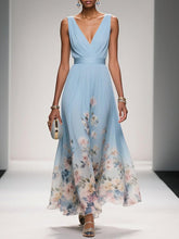 Load image into Gallery viewer, Light Blue Floral Chiffon V Neck Sleeveless A-Line Maxi Dress
