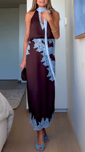 Elegant Brown and Blue Lace Panel Top + Skirt Suit Set