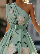 Load image into Gallery viewer, Light Green Floral Ruched One Shoulder A-Line Maxi Chiffon Dress