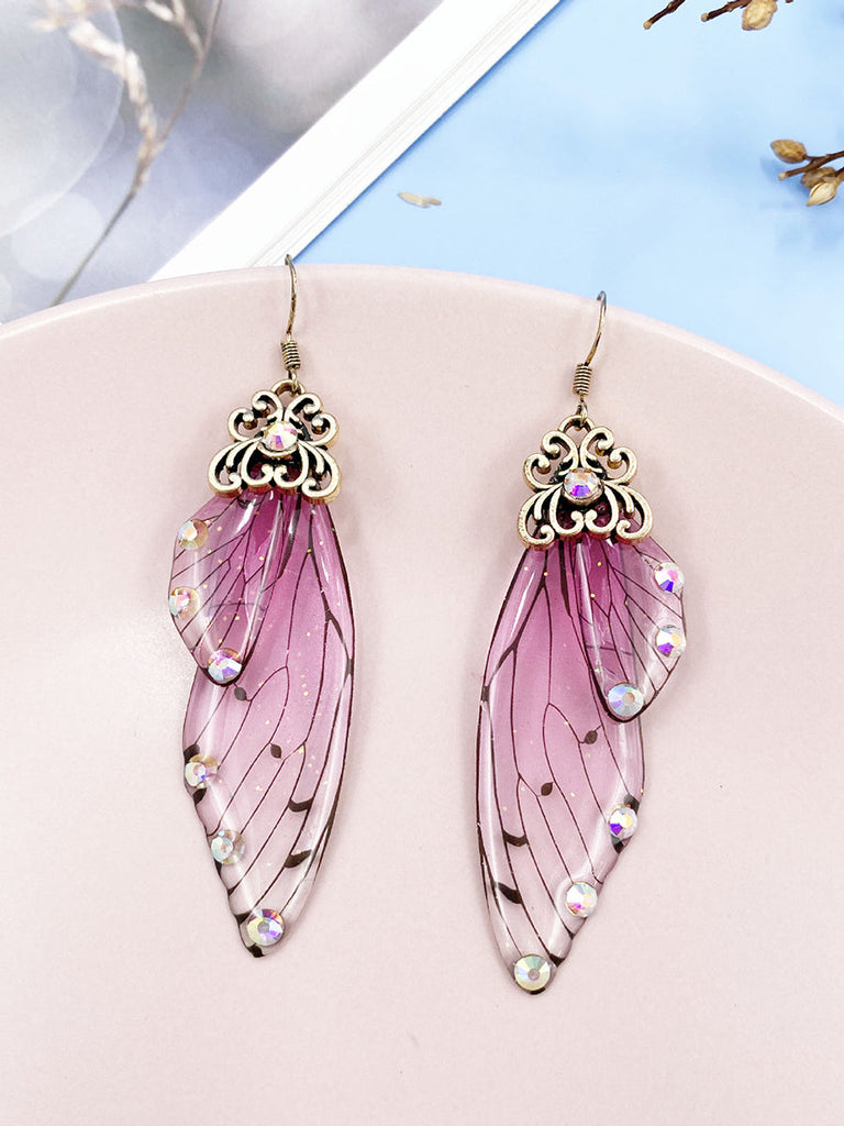 Boucles d'oreilles en cristal d'aile de cigale avec strass roses et ailes de papillon