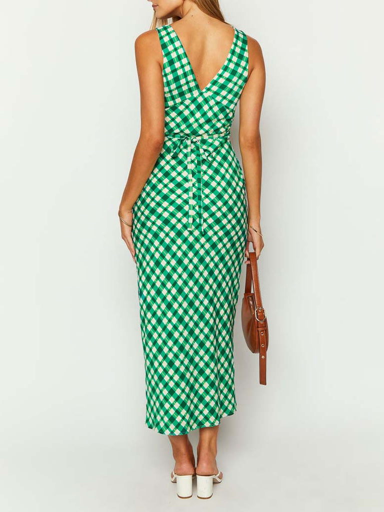 Vintage Green Plaid V-Neck Maxi Dress