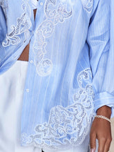 Load image into Gallery viewer, Casual Guipure Lace Striped Turndown Collar Button Long Sleeve Blouse
