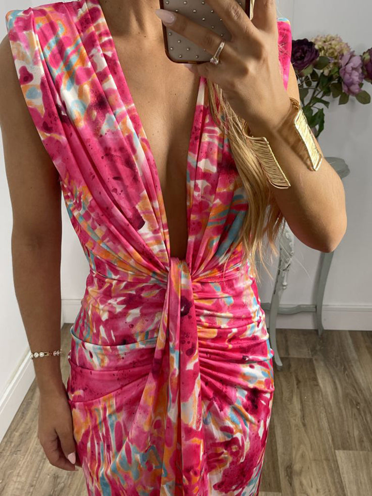 Robe longue nouée à fronces et décolleté plongeant en V Tie-Dye