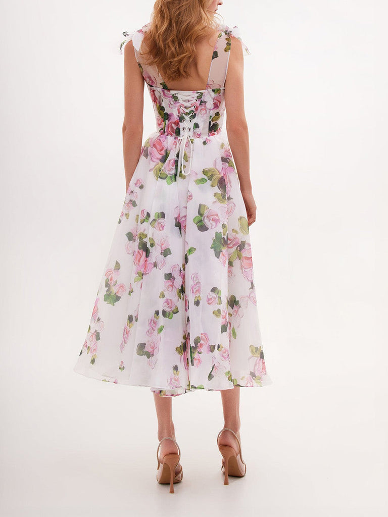 Tender floral midi tie-strap dress