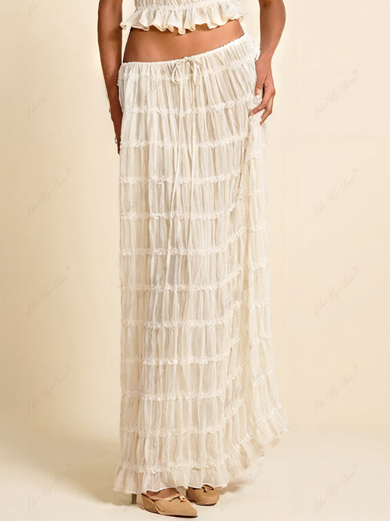 Charm Pleated Drawstring Waist Tiered Maxi Skirt