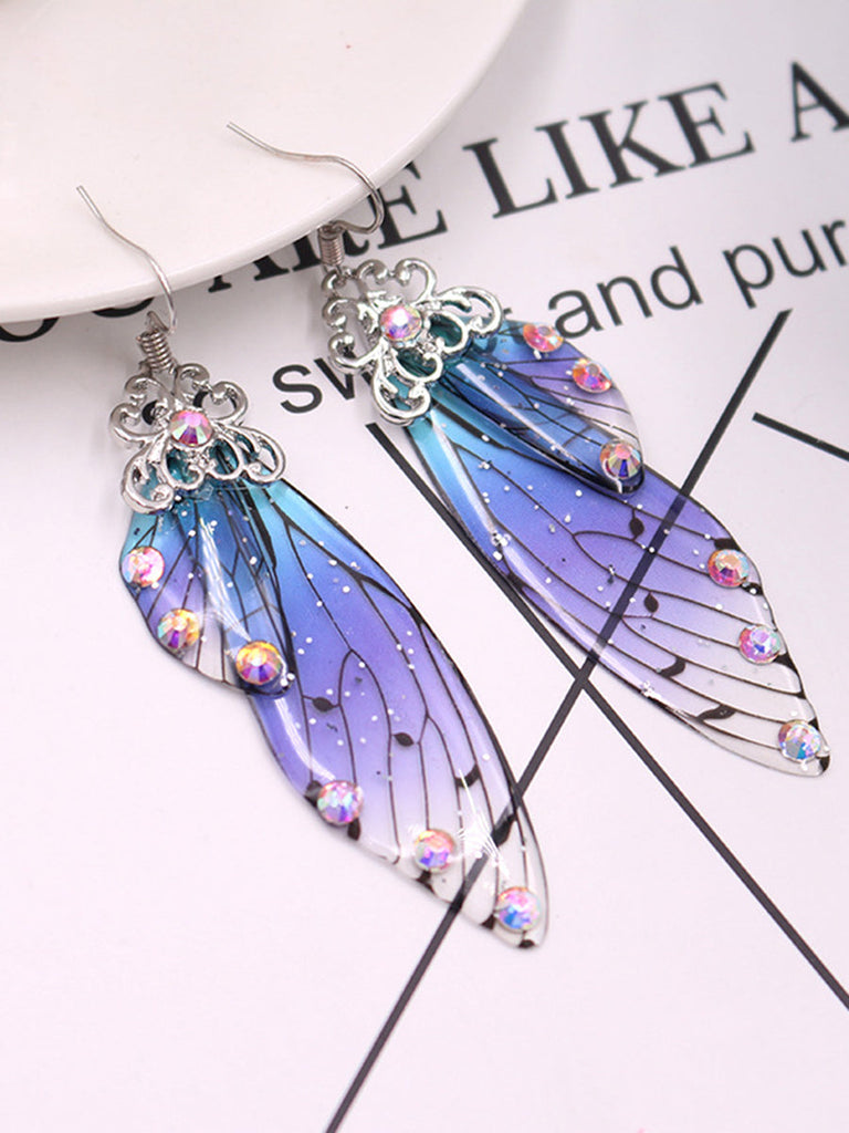 Boucles d'oreilles en cristal d'aile de cigale avec strass bleu et ailes de papillon