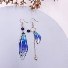 Load image into Gallery viewer, Butterfly Wing Blue Gold Foil Cicada Wing Tassel Earrings