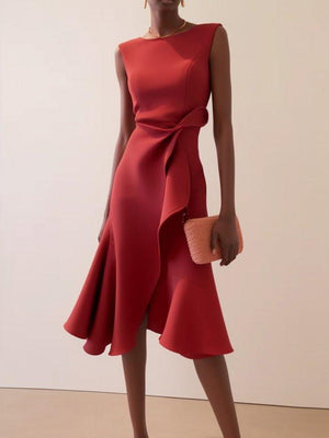 Red Sleeveless Midi Elegant A-line Dress with Waist Twist for Day-to-Night