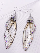 Load image into Gallery viewer, Butterfly Wing Grey Rhinestone Cicada Wing Crystal Earrings