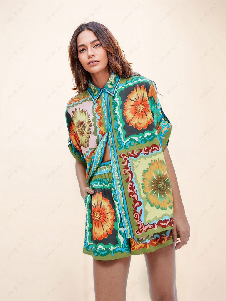 Chemise oversize boutonnée à imprimé tournesol