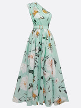 Load image into Gallery viewer, Light Green Floral Ruched One Shoulder A-Line Maxi Chiffon Dress