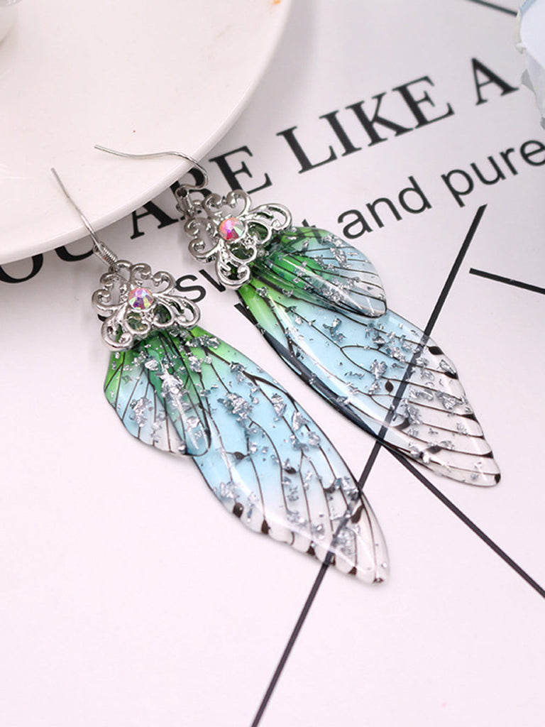 Boucles d'oreilles ailes de cigale en cristal strass vert aile de papillon 