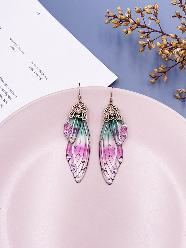 Boucles d'oreilles en cristal d'aile de cigale avec strass irisés et ailes de papillon