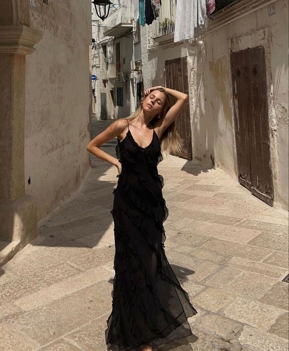 aikergood Bella Chiffon Ruffle Backless Maxi Dress