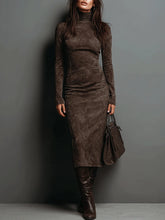 Load image into Gallery viewer, High Neck Long Sleeve Suede Midi Dress