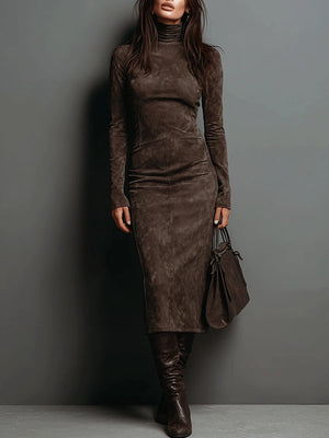 High Neck Long Sleeve Suede Midi Dress