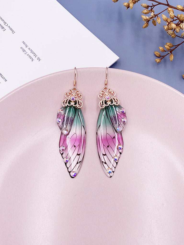 Boucles d'oreilles en cristal d'aile de cigale avec strass irisés et ailes de papillon