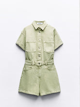 Load image into Gallery viewer, Mini Denim Cuffed-Romper-Green